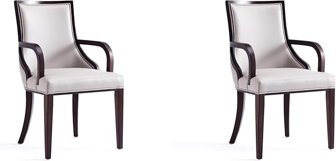 Manhattan Comfort Grand Faux Leather Dining Chairs with Arms, Padded Wingback Seat, Fine Rectangular Stitching and Solid Wood Frame, Set of 2, Light Grey
