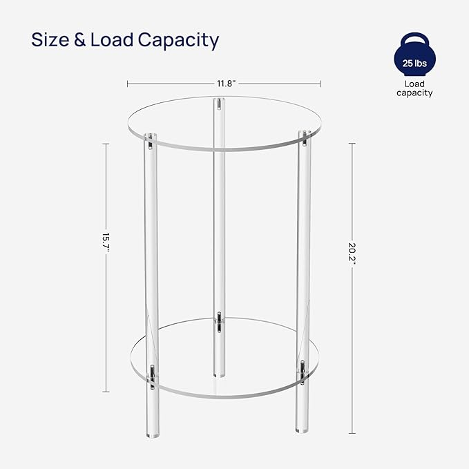 HMYHUM Acrylic Round Side Table Set of 2, 11.8" L x 11.8" W x 20.2" H, Clear Small End Table for Small Spaces, 2-Tier Nightstand/Bedside Table for Living Room, Bedroom, Modern