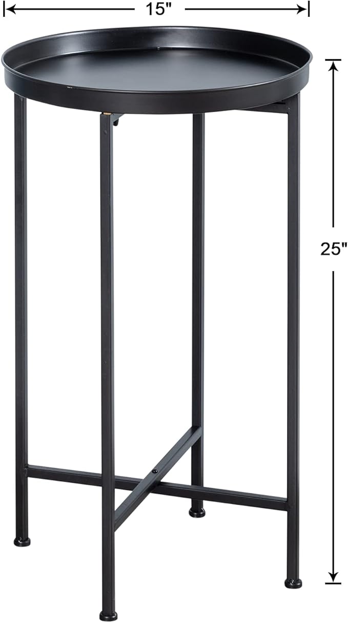 HollyHOME Small Round Metal Waterproof End Table, Accent Indoor&Outdoor Coffee Side Table, Snack Sofa Table for Living Room, Anti-Rust Decorative Plant Stand, (D) 14.5" x (H) 25", Black