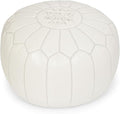 Stuffed Round Design Moroccan Leather Pouf Ottoman, Handmade, Pre-Filled, 100% Genuine Leather, 13” Height x 20” Diameter, Footstool & Living Room Décor (White)