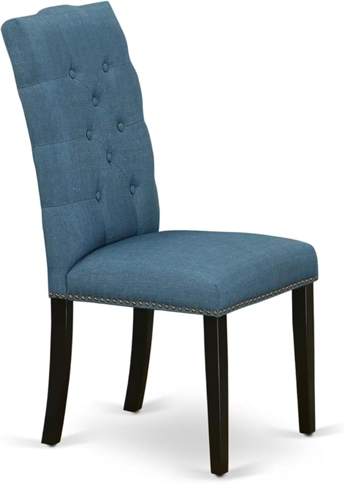 East West Furniture V677EL121-7 7 Piece Modern Dining Table Set Consist of a Rectangle Wooden Table with V-Legs and 6 Blue Linen Fabric Parson Dining Chairs, 40x72 Inch, Multi-Color