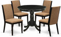 East West Furniture ANLA5-ABK-47 5 Piece Modern Dining Table Set Includes a Round Kitchen Table with Pedestal and 4 Light Sable Linen Fabric Upholstered Chairs, 36x36 Inch, Wirebrushed Black