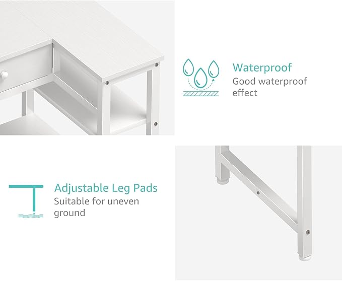 DLisiting Small White L Shaped Desk with Drawers & Storage Shelves, 40 Inch Corner Desk with Power Outlet for Small Space Home Office, Study Work PC Desks for Bedroom