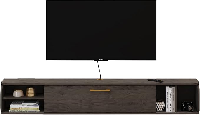Floating TV Unit, 58'' Wall Mounted TV Cabinet, Floating Shelves with 4 Cabinets, Wooden Entertainment Media Console Center Large Storage TV Bench for Living Room & Office (58IN, Dark Grey)