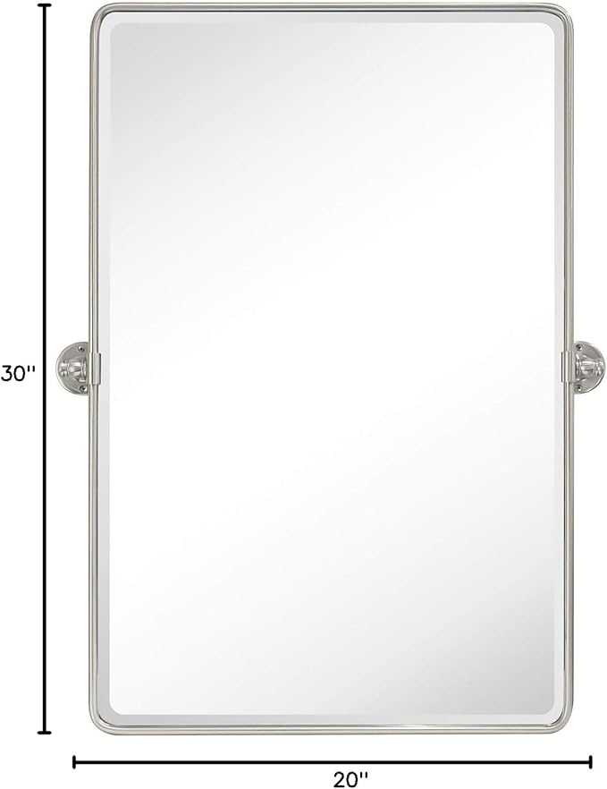 TEHOME 20x30'' Brushed Nickel Pivot Mirror Rectangle Bathroom Vanity Mirror Brushed Silver Rounded Corner Metal Framed Tilting Beveled Vanity Wall Mirrors