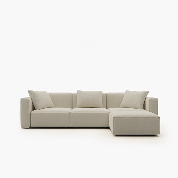 Acanva Luxury Modular Sectional Living Room Sofa Set, Modern Minimalist Style Couch with Ottoman and Chaise, L-Shape, Linen-Like Cream
