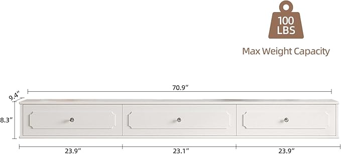 Retro Floating TV Console with 3 Doors,70'' High Gloss Floating TV Stand,Wall Mounted TV Cabinet,Contemporary Floating Media Console for Under TV Storage,Living Room,Bedroom(White)