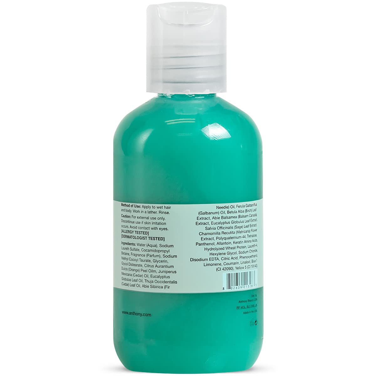 Anthony Mens Body Wash and Shampoo: Invigorating Rush 2-In-1 Liquid Gel Soap & Hair Shampoo, Pine Wood Scent, Hydrating with Eucalyptus, Canadian Balsam, Birch Leaf, Charcoal, Sea Kelp, 3.4 Fl. Oz