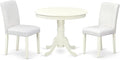 East West Furniture ANAB3-LWH-64 3 Piece Modern Dining Table Set Contains a Round Kitchen Table with Pedestal and 2 White Faux Leather Upholstered Chairs, 36x36 Inch, Linen White