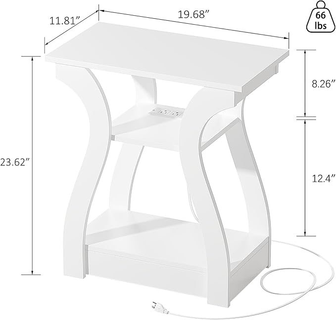 End Tables Living Room Set of 2,End White Table with Charging Station, Side Table, Nightstand for Bedroom, 3 Tier End Table with Storage Shelf for Living Room White
