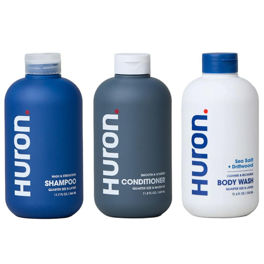 Huron Shower Kit - Shampoo, Conditioner, & Body Wash For Men - Sea Salt + Driftwood Scent - Hydrating & Nourishing Men’s Shampoo & Conditioner