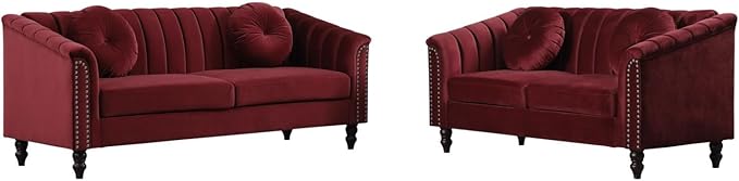 Sectional Sofa Set, Microfiber Chesterfield Upholstered Sofas Loveseat Couch Chair Sets with Style Button Tufted, Scroll Arms and Nailhead for Living Room, Office, Apartment-Red,S