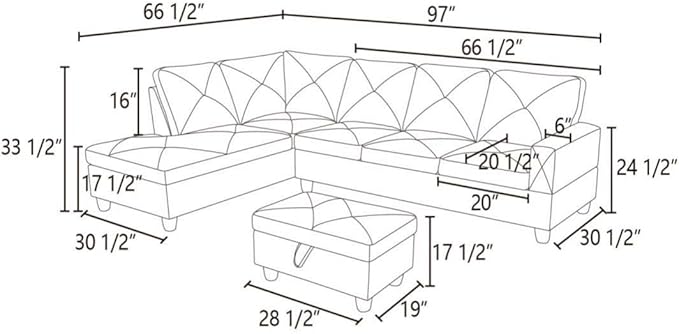 Ginger L-Shaped 3-Piece Faux Leather Sofa with Storage Ottoman Set, Sectional Couch Sofa Set for Living Room, Office, Small Space