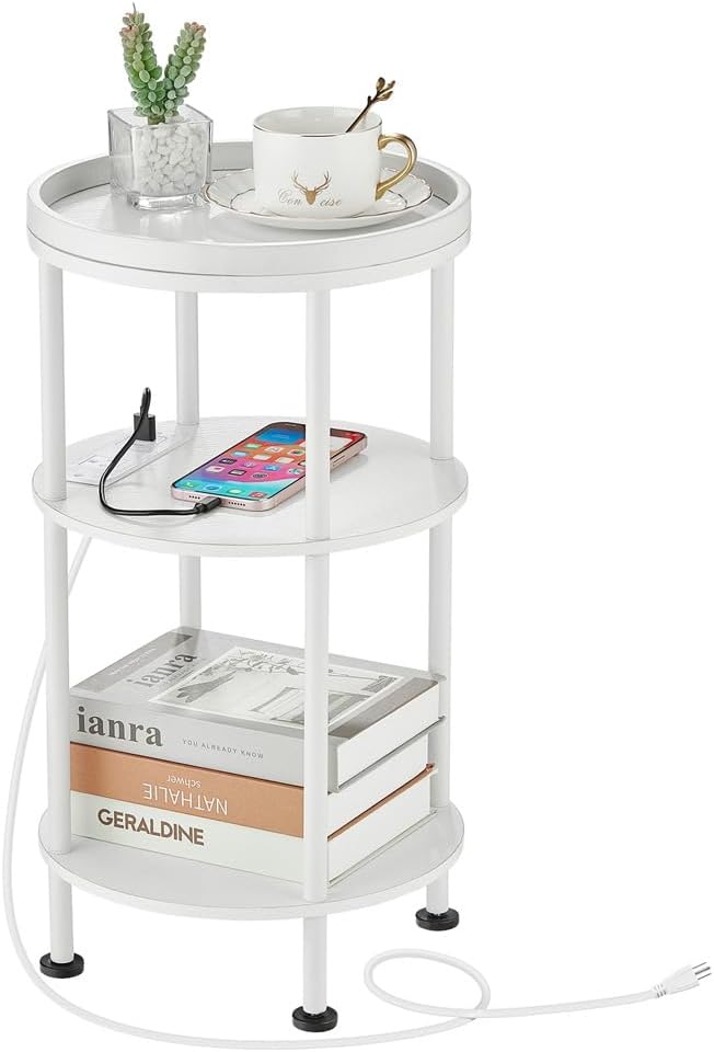 Small Round End Table with Charging Station, 3-Tier Accent Couch Beside Table with USB Ports & Power Outlets, Sofa Side Table for Living Room Small Nightstand Bedroom (USB Charger, White)