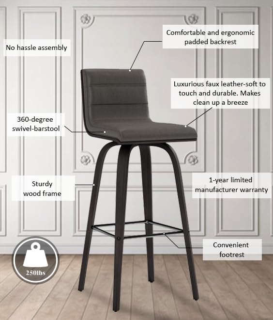 Armen Living Vienna 30" Swivel Bar Stool in Black Wood Finish with Gray Faux Leather - Set of 4