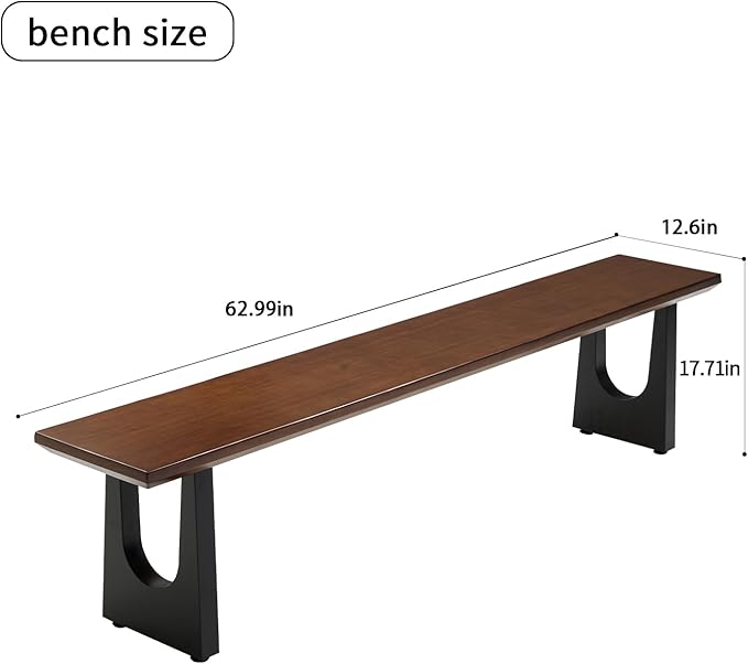 Walnut Color Long Bench Solid Wood Top Metal Legs U-Shaped Design Durable Sturdy Dining Bench Ideal for Office Home Restaurant Patio Multiple (Bench, 62.99in)