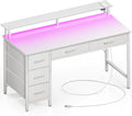 Seventable Computer Desk with Power Outlets & LED Light, 55 inch Home Office Desk with 5 Drawers, Writing Desk with Monitor Stand, Work Desk for Home Office, White