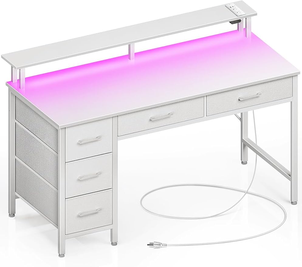 Seventable Computer Desk with Power Outlets & LED Light, 55 inch Home Office Desk with 5 Drawers, Writing Desk with Monitor Stand, Work Desk for Home Office, White