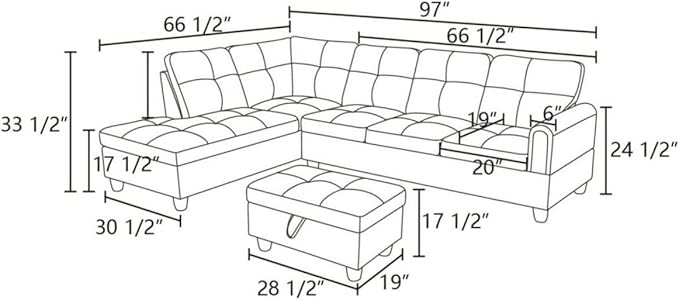 Beige L-Shaped 3-Piece Flannel Sofa with Storage Ottoman Set, Sectional Couch Sofa Set for Living Room, Office, Small Space