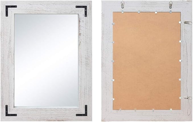 YOSHOOT Rustic Wooden Framed Wall Mirror, Natural Wood Bathroom Vanity Mirror for Farmhouse Decor, Vertical or Horizontal Hanging, 32" x 24",White Grey