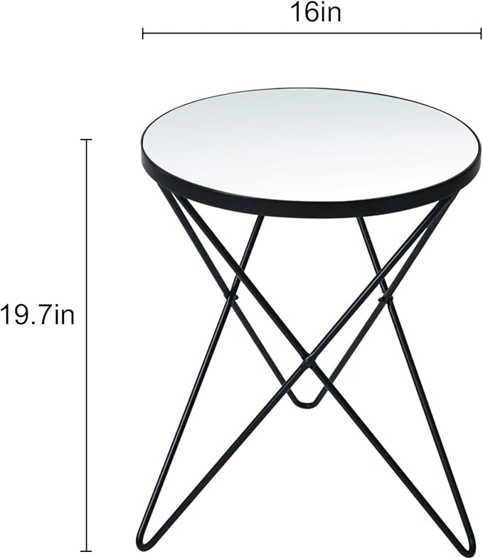 HLR Modern Round Side Table, End Table with Marble Effect Top and Gold Metal Frame, Small Side Table for Living Room, Bedroom, Sofa and Couch, Black Legs, Mirror top