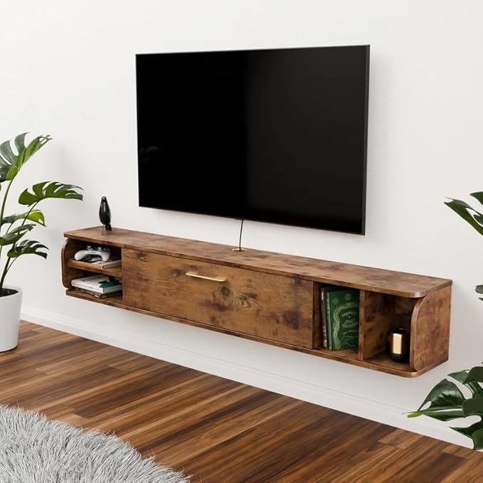 Floating TV Unit, 76'' Wall Mounted TV Cabinet, Floating Shelves with 4 Cabinets, Wood Entertainment Media Console Center Large Storage TV Bench for Living Room & Office (Rustic Brown)