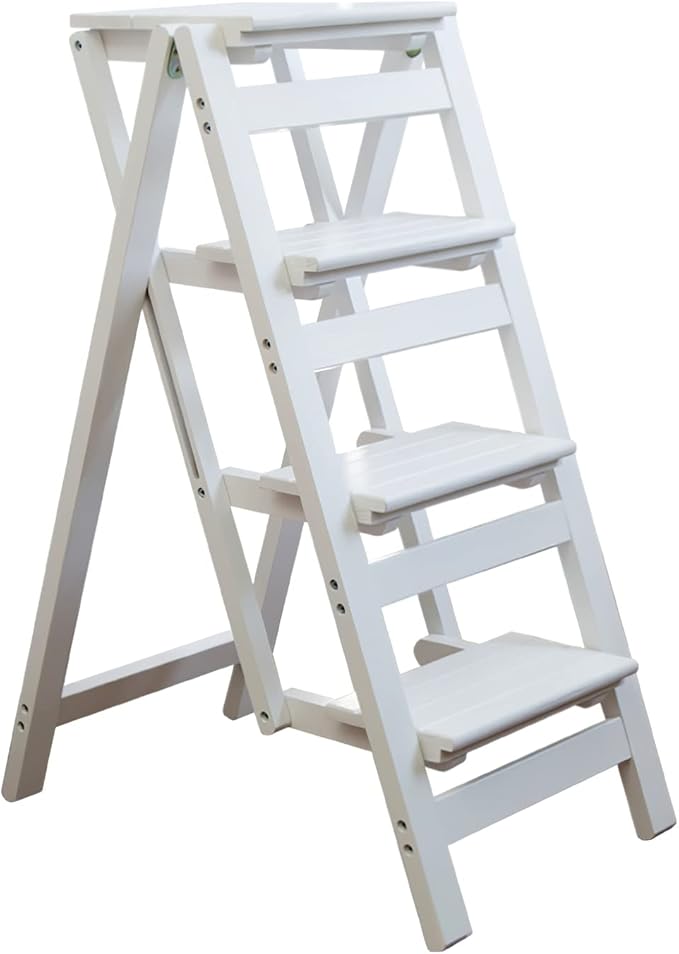 Step Stool for Adults/Step Ladder/Counter Chair, 4-Step Folding Portable Wooden Step Stool, Anti-Slip & Lightweight (White)