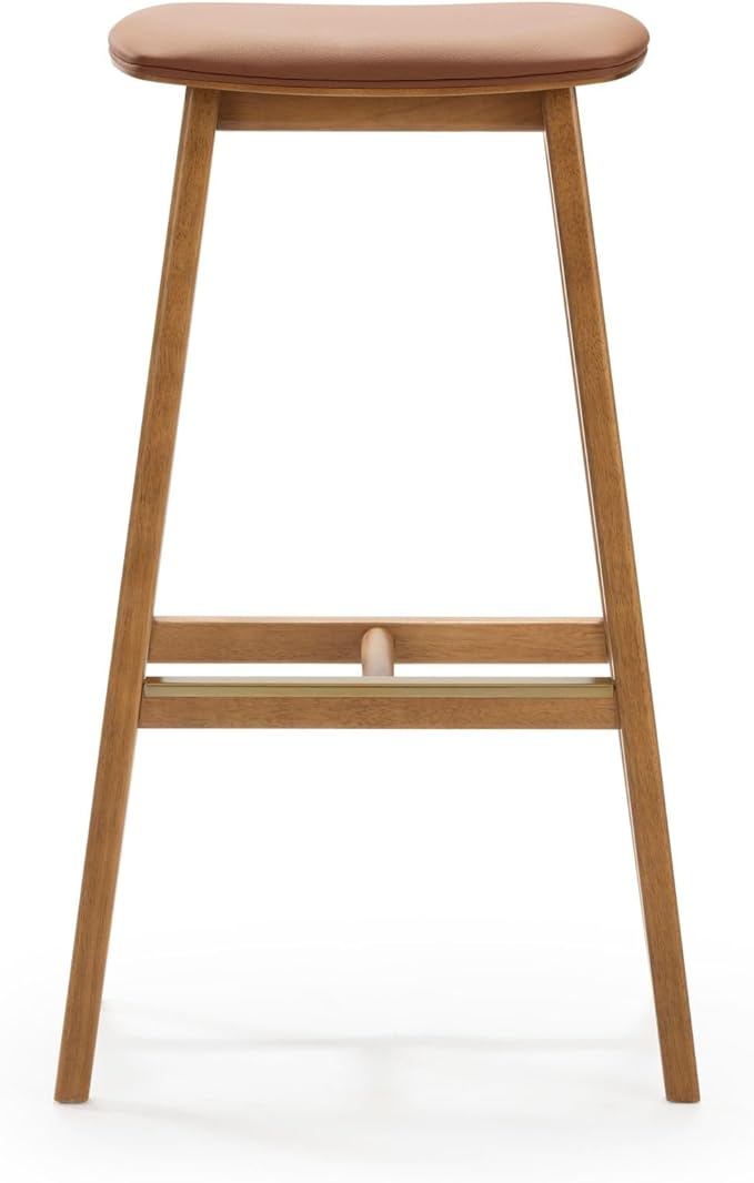 Plank+Beam Beryl Bar Height Stool - Mid-Century Modern Rubberwood Bar Stool with Faux Leather Seat, Metal Footrest, Easy Assembly, Pecan/Toffee
