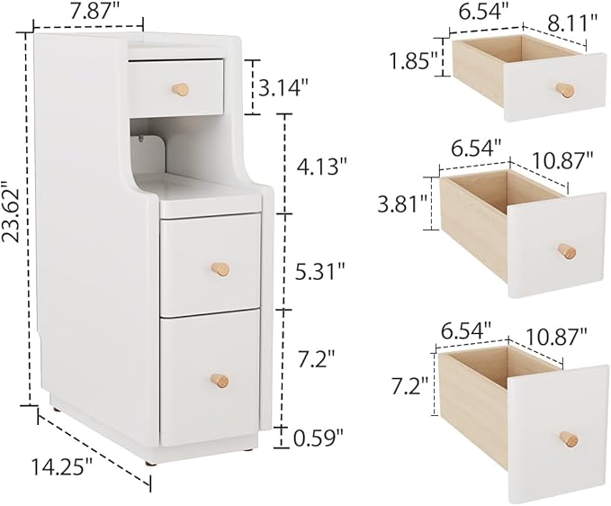 Narrow Nightstand with 3 Drawers,Solid Wood Small Nightstand White, Modern Small Bedside Tables for Bedroom(Fully Assembly)