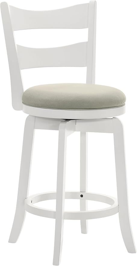 Armen Living Blair 30 in. Matte White Bar Height Rubberwood Swivel Barstool with Fog Fabric Seat - Set of 4