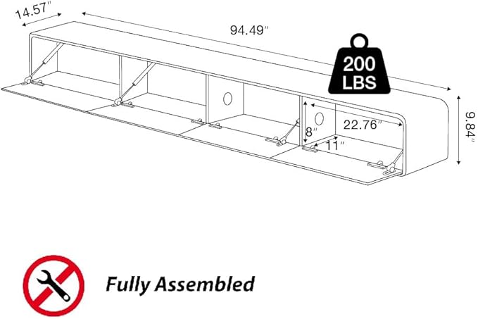 Minimalist Floating TV Stand with LED Lights, Modern Wall-Mounted Media Console with 4 Flip-Down Cabinet Doors for 85 Inch TV, Fully-Assembled, Walnut Veneer, 94"