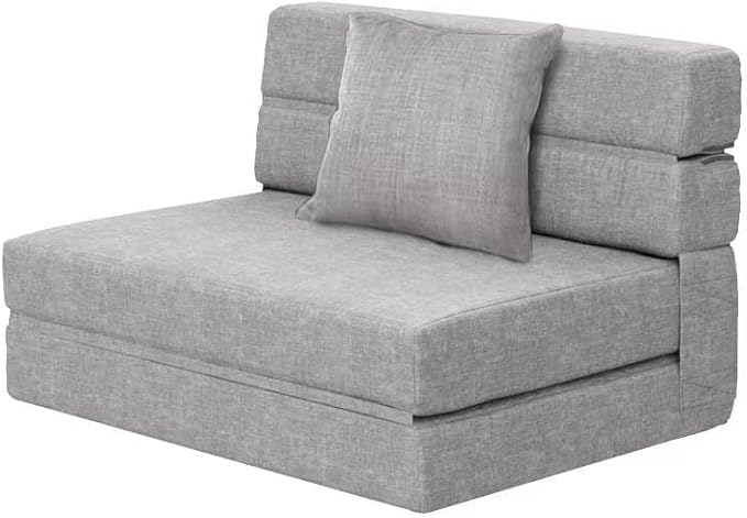 ANONER Folding Sleeper Chair Sofa Bed Lazy Couch with Pillow, Twin Size, Light Gray