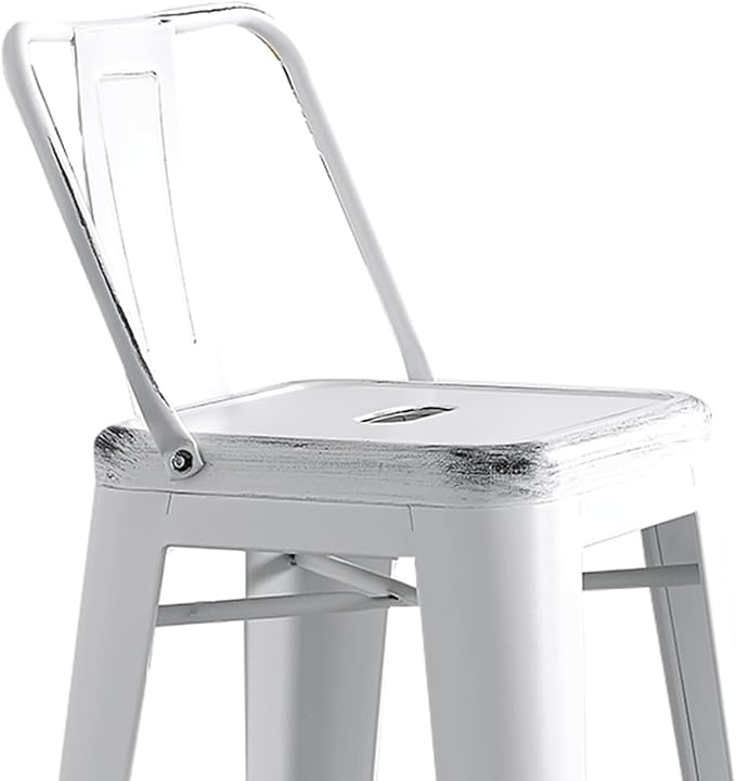 AC Pacific Modern Metal Barstool Set of 2 – Country Rustic Style with Low Back, Lightweight & Sturdy Build, Easy Assembly –, 30" Seat, Distressed White