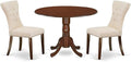 East West Furniture DLGA3-MAH-32 3 Piece Modern Dining Table Set Contains a Round Wooden Table with Dropleaf and 2 Light Beige Linen Fabric Parsons Dining Chairs, 42x42 Inch, Mahogany