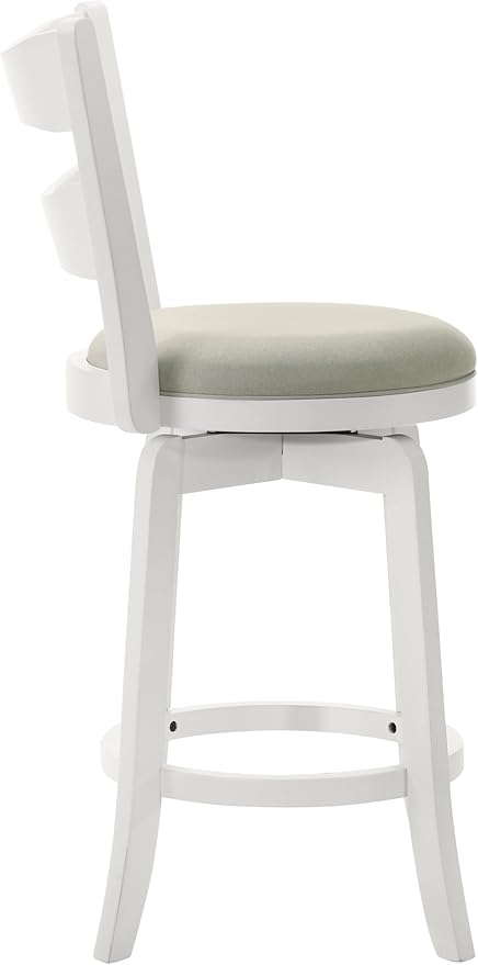 Armen Living Blair 30 in. Matte White Bar Height Rubberwood Swivel Barstool with Fog Fabric Seat
