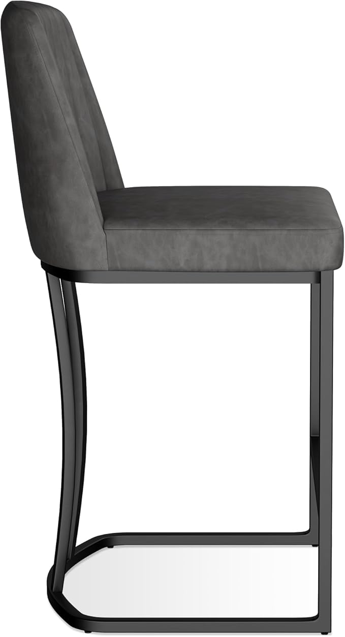 Counter Height Bar Stools Set of 4, Upholstered Leather Barrel Barstools with Back and Metal Legs for Kitchen Island, 27.4" Seat Height, Fabric in Faux Leather, Rustic Grey
