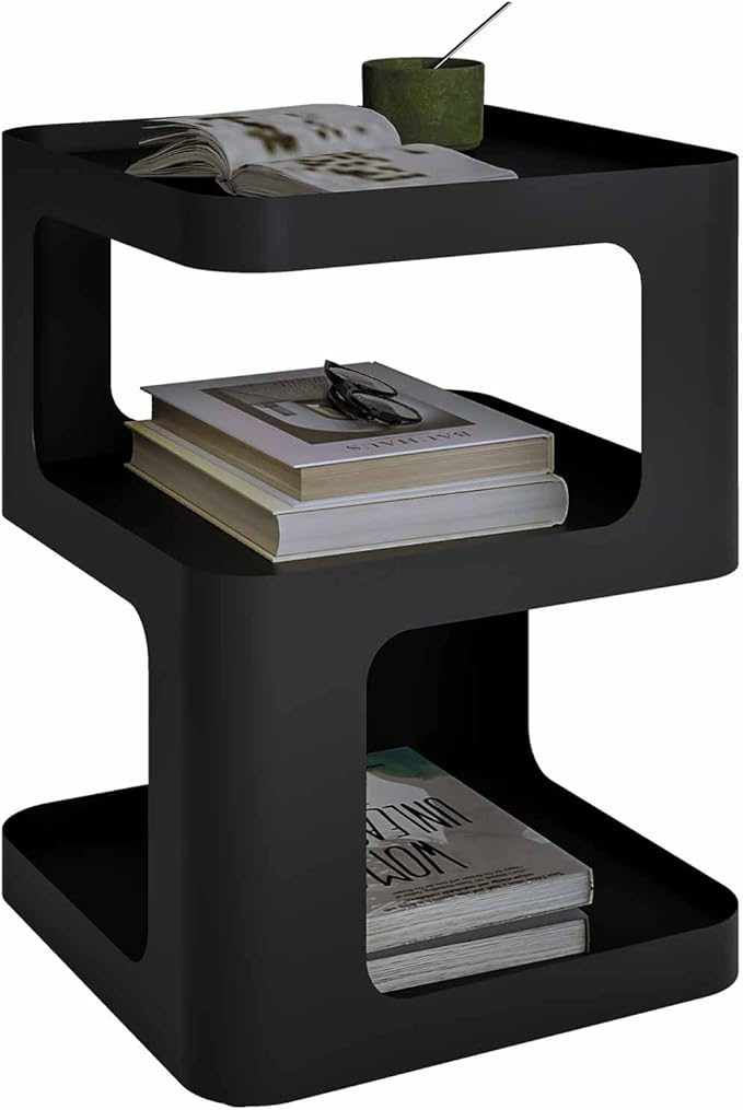 XIV Side Table, Small End Table, Modern Nightstand, Accent Bedside Table, 3 Tier Night Stands, Metal Bed Side Table for Living Room Bedroom Outdoor Entryway, No Assembly Required (Black, Square)