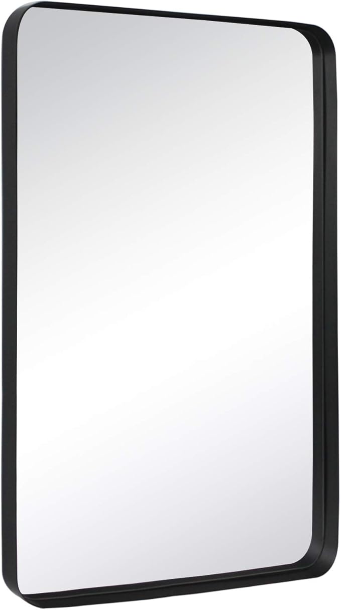 TEHOME 24x36 Matt Black Metal Framed Bathroom Mirror for Wall in Stainless Steel Matte Black Rounded Rectangular Bathroom Vanity Mirrors Wall Mounted