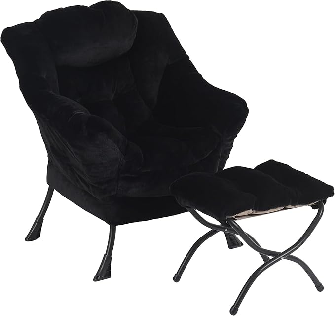 Lazy Chair with Ottoman, Modern Chair with Folding Footrest, Lounge Accent Chair, Comfortable Reading Chair for Bedroom, Study, Living Room, Small Space (Plush Black)