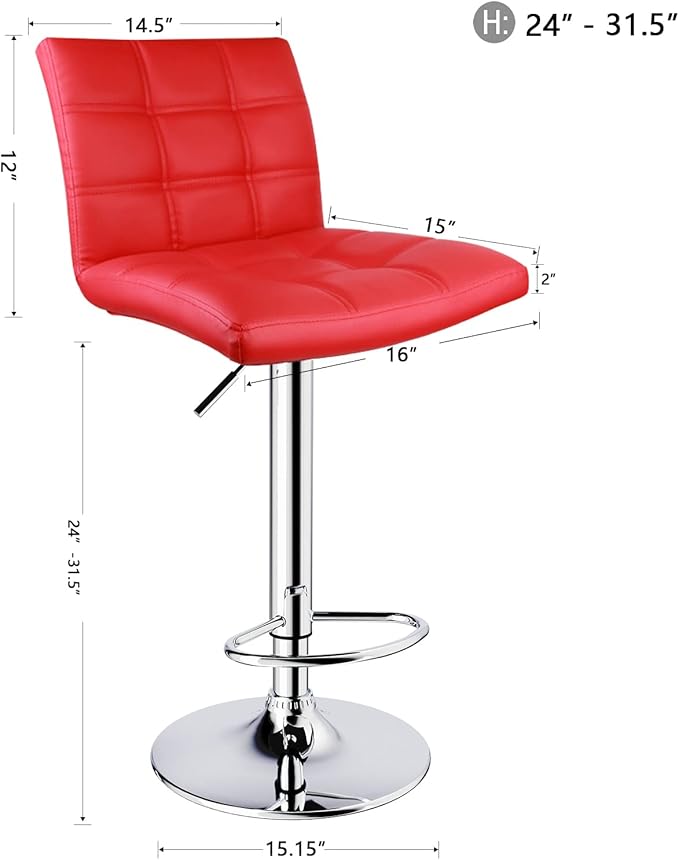 Leopard Adjustable Leather Bar Stools Square Back, Leather Padded with Back, Set of 2 (Red)