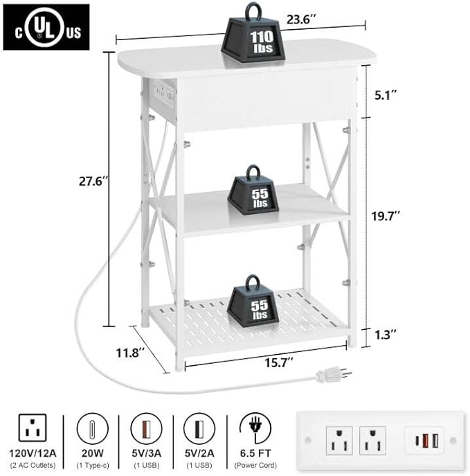 Narrow End Table with Charging Station, Side Tables Set of 2 for Small Spaces, Flip Top End Table with Storage, End Tables Living Room, Nightstand Set 2 with Drawer for Bedroom, White