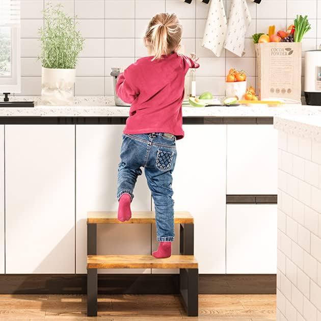 IBUYKE 2-Step Wooden Step Stools for Adults Kids, Heavy Duty Bedside Step Stool with 500 Lbs Capacity, Non-Slip Stepping Foot Stool for Bedroom Livingroom Bathroom Kitchen, Rustic Brown TBD002H