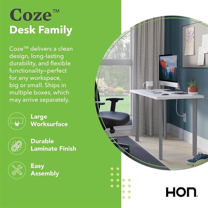 HON Coze Home Office Desks, Sturdy Table Computer Desk, 54", White Top, Black Base