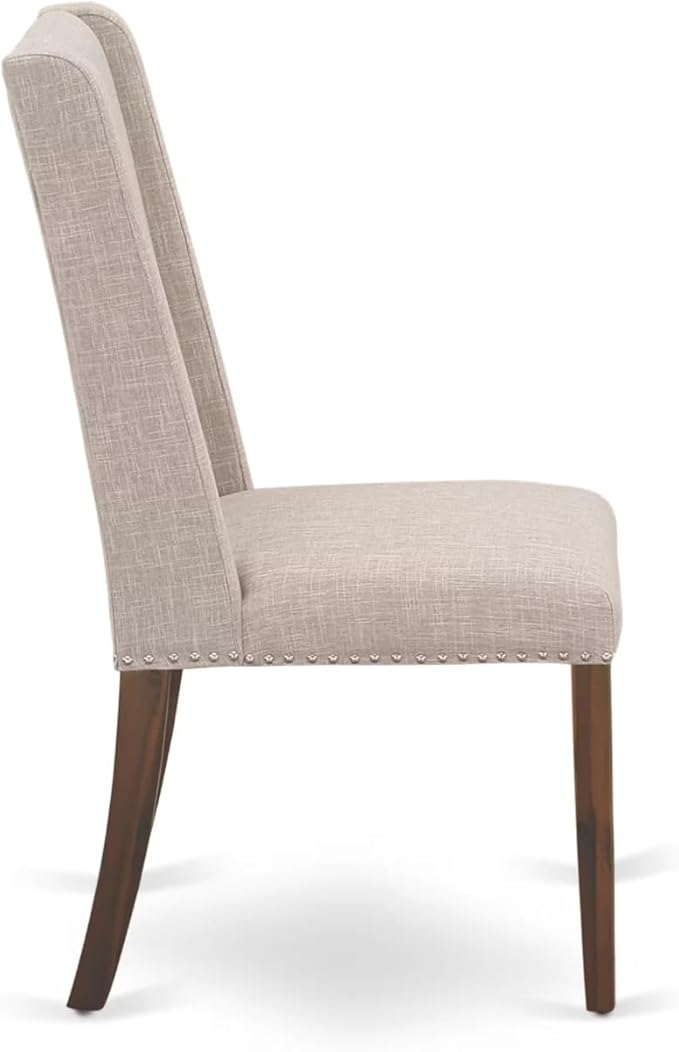 NEFL9-AWA-04-9-Piece Kitchen Set Consists of a Dinner Table and 8 Light Tan Linen Fabric Parson Chairs with Padded Chair Back - Antique Walnut Finish.