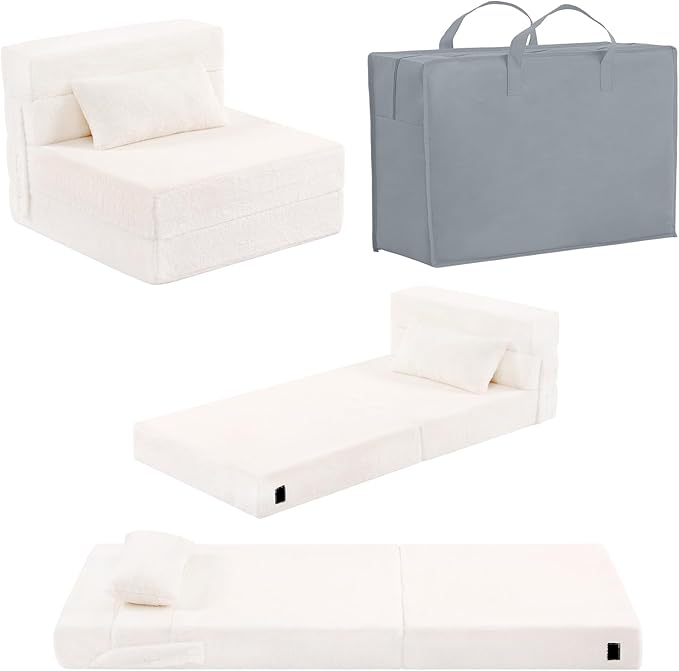 Folding Sofa Bed Beige Floor Mattress for Kids with Pillow, Toddler Washable Folded Floor Nap Mat Futon, Child Fold Up Sofa Folding Chair Bed with Storage Bag for Girls and Boys