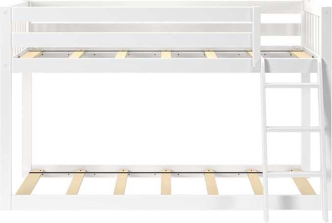 Max & Lily Fundamental Twin Low Bunk Bed, Kids Solid Wood Modern Bed Frame with Strong Wooden Slats, Non-Toxic Finishes, High Weight Capacity, White