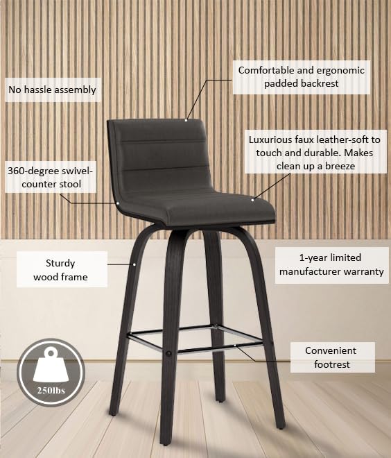 Armen Living Vienna 26" Swivel Counter Stool in Black Wood Finish with Gray Faux Leather - Set of 3
