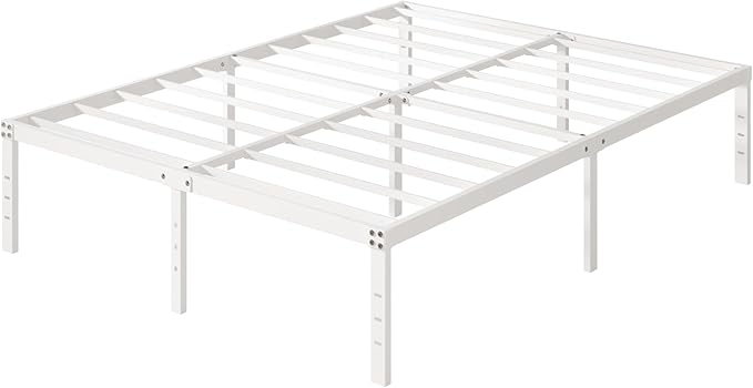 16 Inch White Full Size Bed Frame No Box Spring Need, Metal Platform Full Bed Frames with High Storage, Eassy Assembly 3,500 lbs Heavy Duty Bedframes