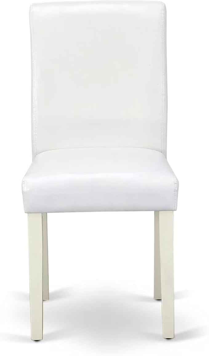 East West Furniture DLAB5-LWH-64 5 Piece Kitchen Table & Chairs Set Includes a Round Dining Room Table with Dropleaf and 4 White Faux Leather Parsons Dining Chairs, 42x42 Inch, Linen White