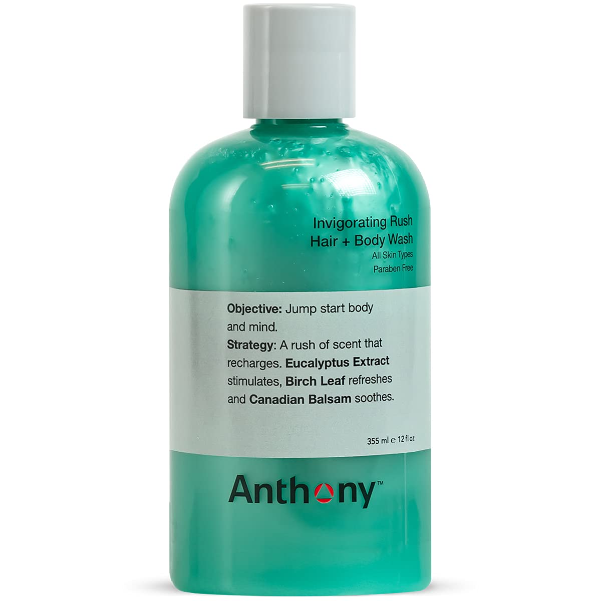 Anthony Mens Body Wash and Shampoo: Invigorating Rush 2-In-1 Liquid Gel Soap & Hair Shampoo, Pine Wood Scent, Hydrating with Eucalyptus, Canadian Balsam, Birch Leaf, Charcoal, Sea Kelp, 12 Fl. Oz